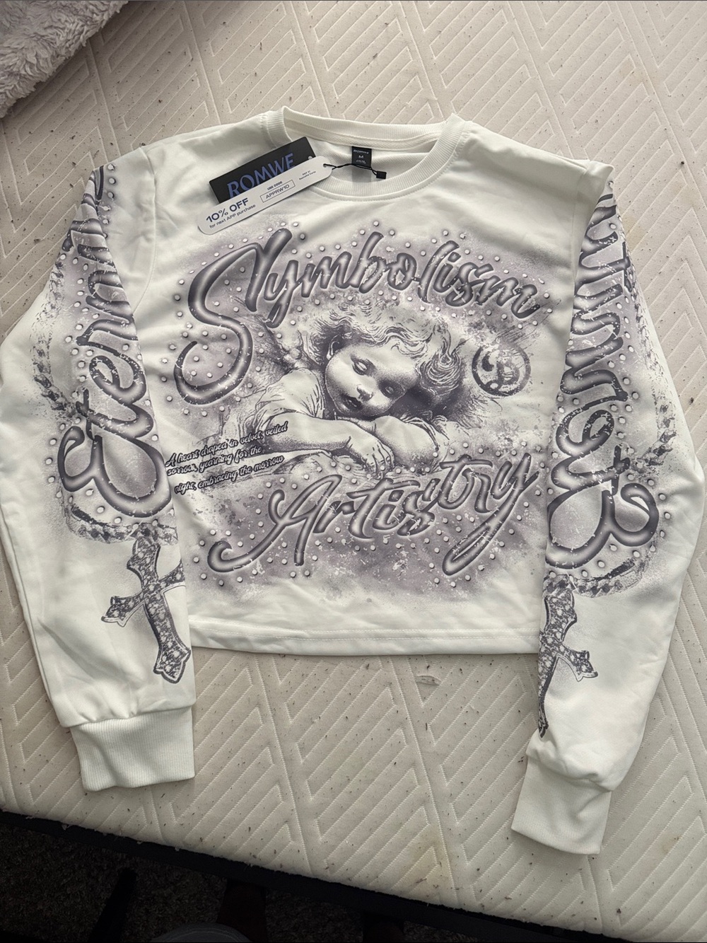 ROMWE White Crewneck Sweatshirt with Grey Angel Graphic